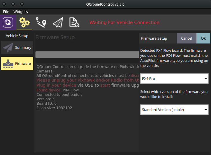 QGroundControl PX4FLOW firmware update